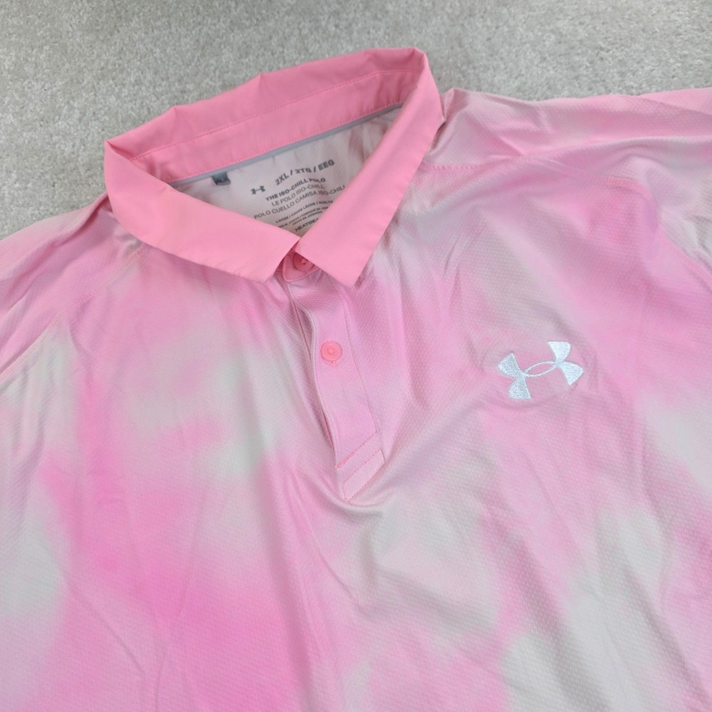Under Armour Iso-Chill Polo Shirt Mens 2XL Pink White Tie Dye HeatGear Loose Fit